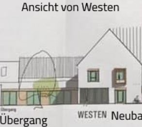 Ansicht von Westen: Der Kindergarten-Neubau ist mit einem lichtdurchfluteten Übergang mit der bestehenden Krippe verbunden, Plan: Dehner und Straub Architekten.